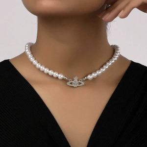 Colier cu perle și pietre, model planeta Saturn, Argintiu 