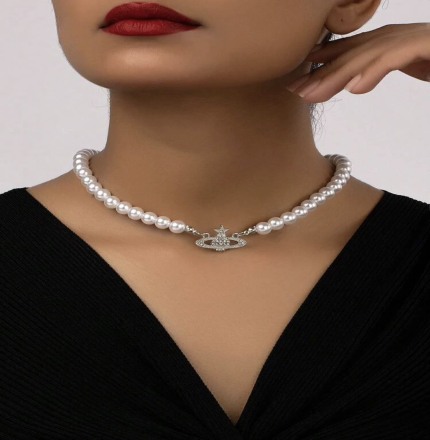 ' Colier cu perle și pietre, model planeta Saturn, Argintiu 