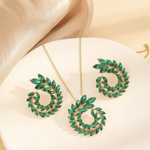 Set Elegant Colier si Cercei Diamond Leaf, Verde