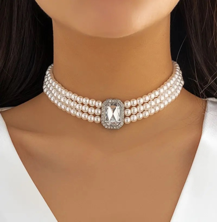 ' Colier in 3 straturi cu perle și pietre strass, Argintiu, July